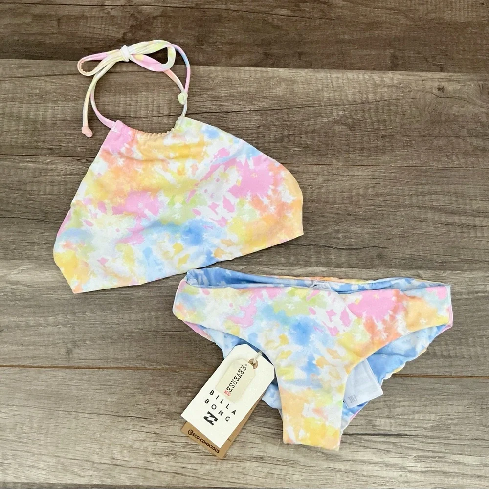 New Billabong Girls On A Rainbow 2 Piece High Neck Bikini Reversible Size 7
